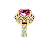 Yellow gold Cushion Cut Pink Sapphire Scalloped Halo Engagement Ring with Round Shared Prong Band_29