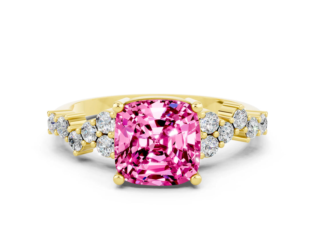 Yellow gold Cushion Cut Pink Sapphire Scattered Round Accent Ring with Prong Setting_24