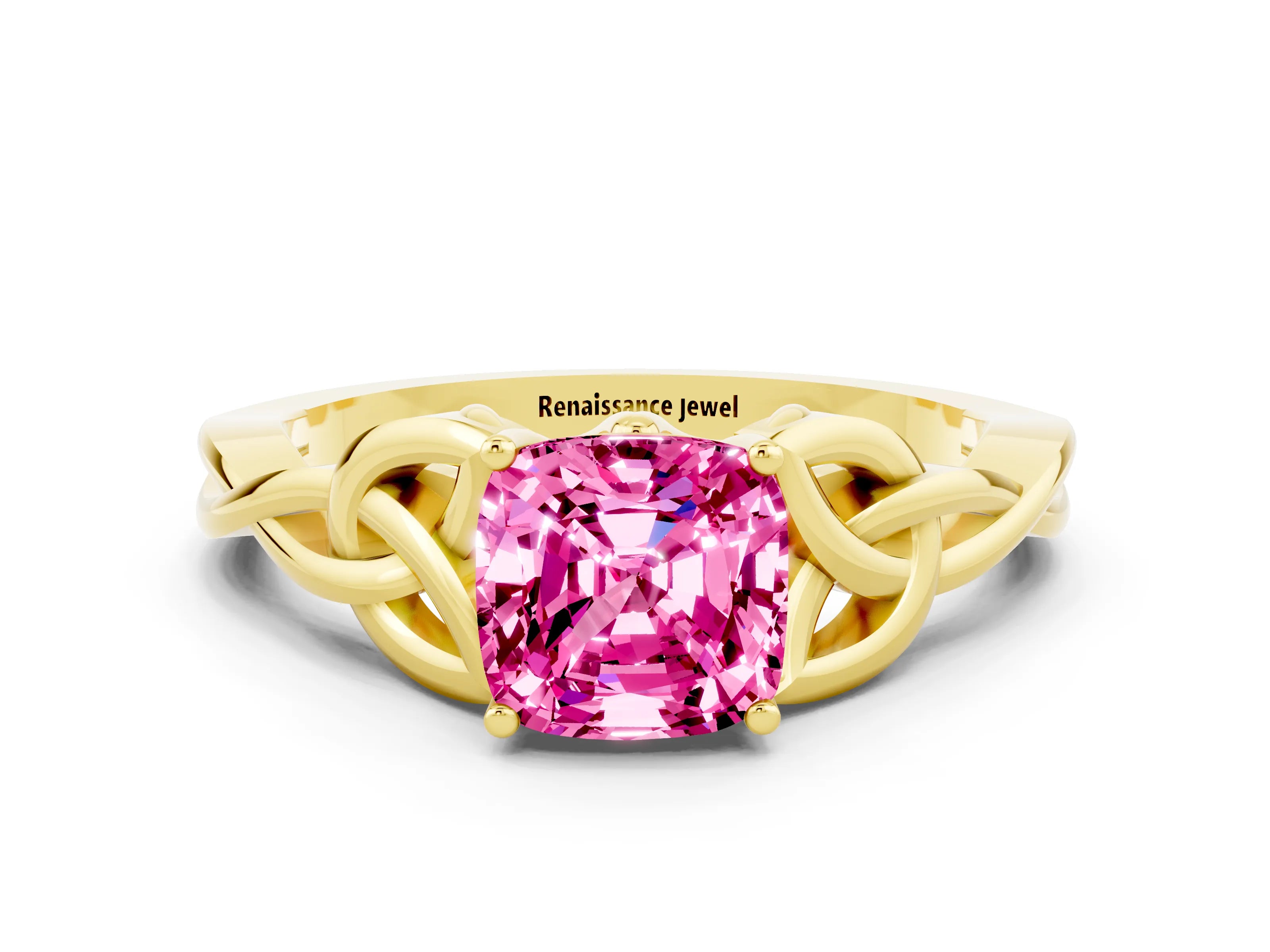 Yellow gold Cushion Cut Pink Sapphire Solitaire Celtic Knot Ring with Four-Prong Setting_24