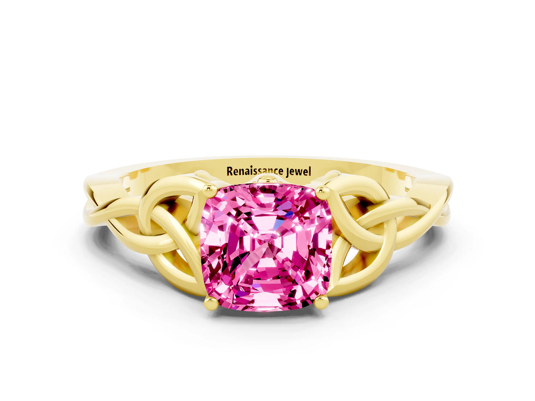 Yellow gold Cushion Cut Pink Sapphire Solitaire Celtic Knot Ring with Four-Prong Setting_24