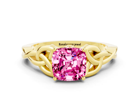 Yellow gold Cushion Cut Pink Sapphire Solitaire Celtic Knot Ring with Four-Prong Setting_24