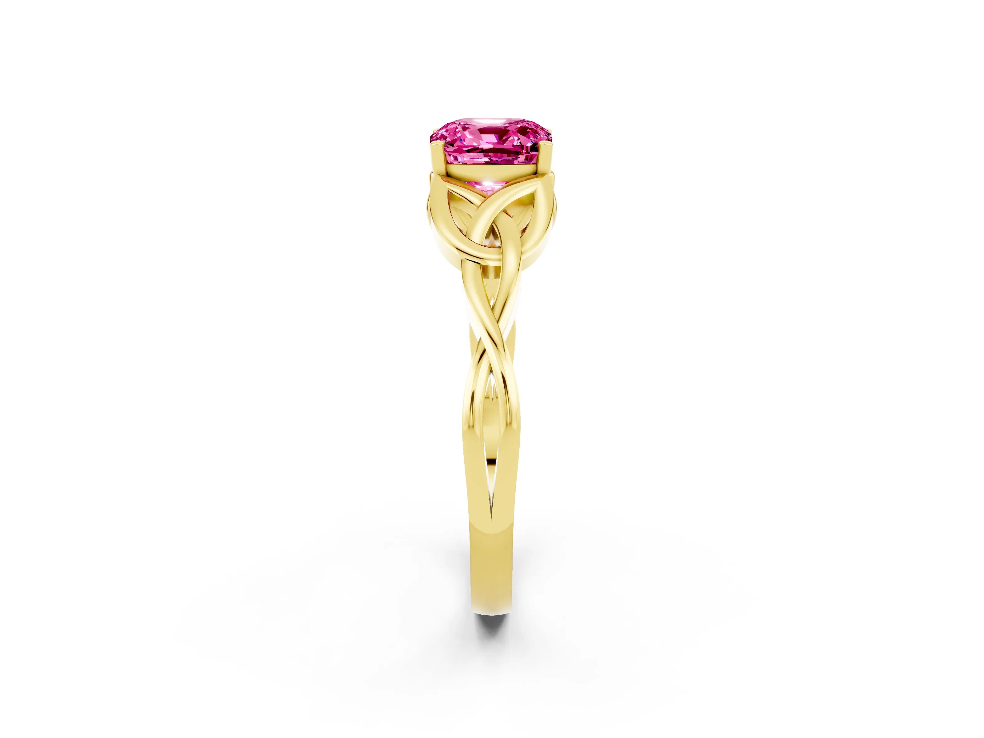 Yellow gold Cushion Cut Pink Sapphire Solitaire Celtic Knot Ring with Four-Prong Setting_26