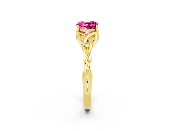 Yellow gold Cushion Cut Pink Sapphire Solitaire Celtic Knot Ring with Four-Prong Setting