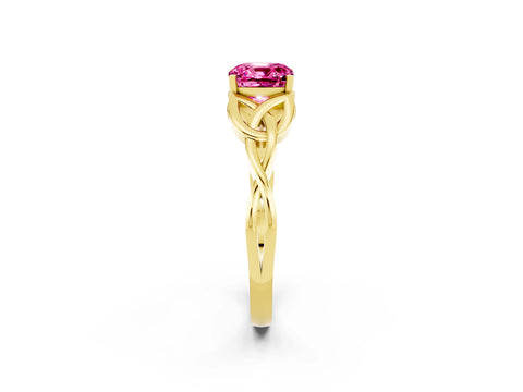 Yellow gold Cushion Cut Pink Sapphire Solitaire Celtic Knot Ring with Four-Prong Setting_26