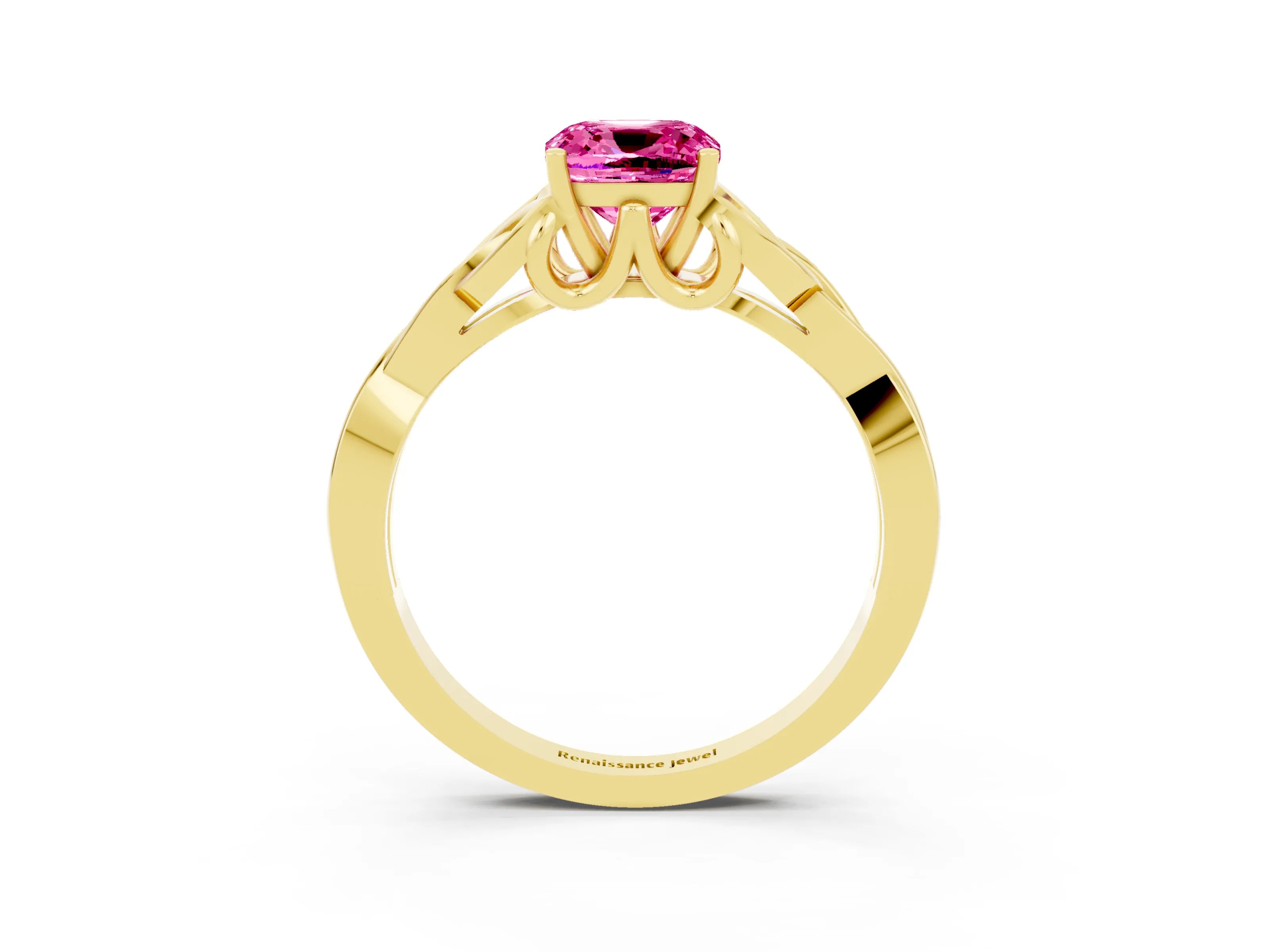 Yellow gold Cushion Cut Pink Sapphire Solitaire Celtic Knot Ring with Four-Prong Setting_27
