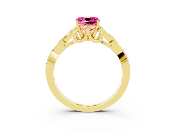 Yellow gold Cushion Cut Pink Sapphire Solitaire Celtic Knot Ring with Four-Prong Setting