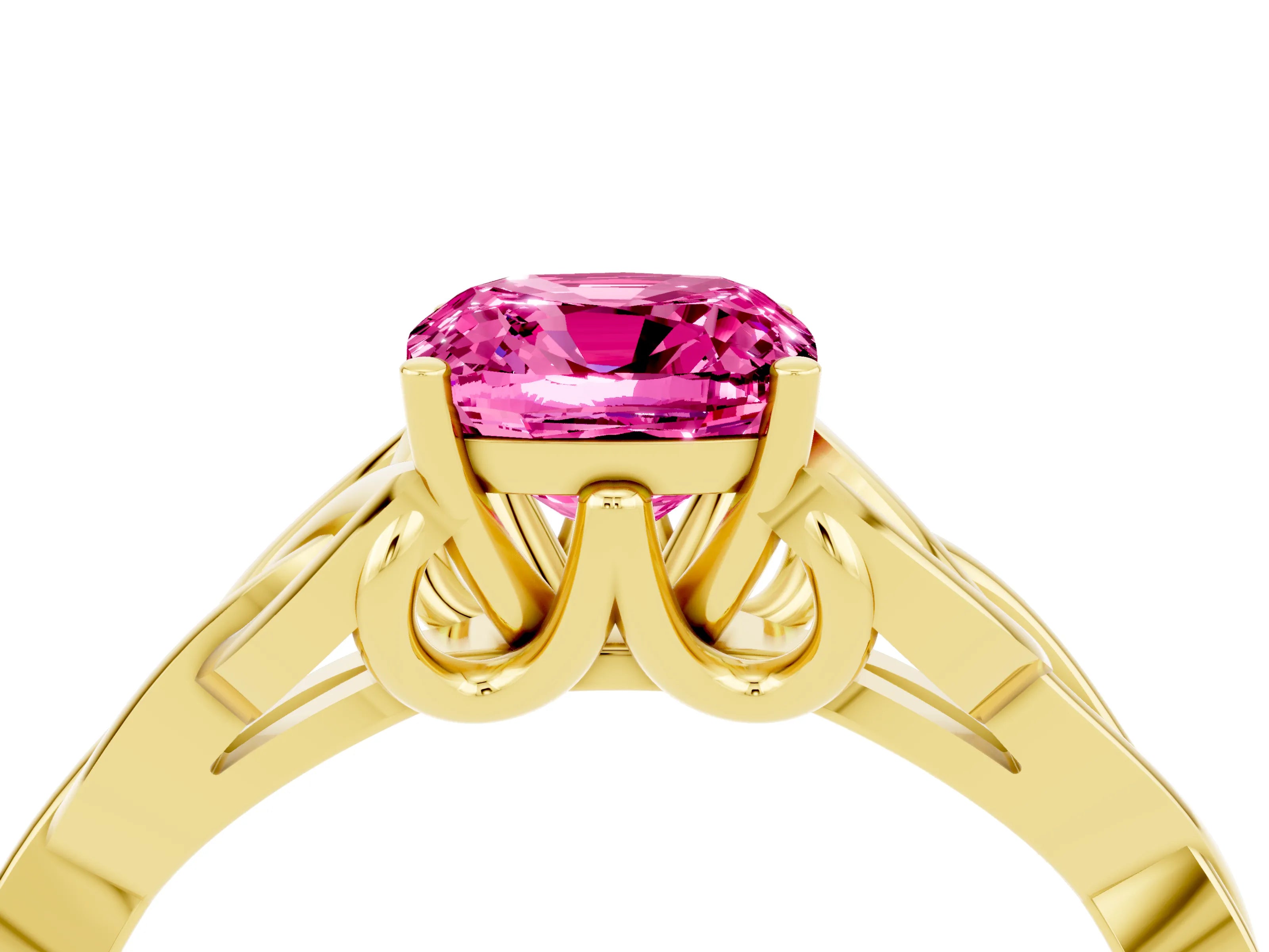 Yellow gold Cushion Cut Pink Sapphire Solitaire Celtic Knot Ring with Four-Prong Setting_28