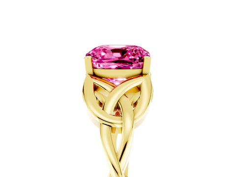 Yellow gold Cushion Cut Pink Sapphire Solitaire Celtic Knot Ring with Four-Prong Setting_29