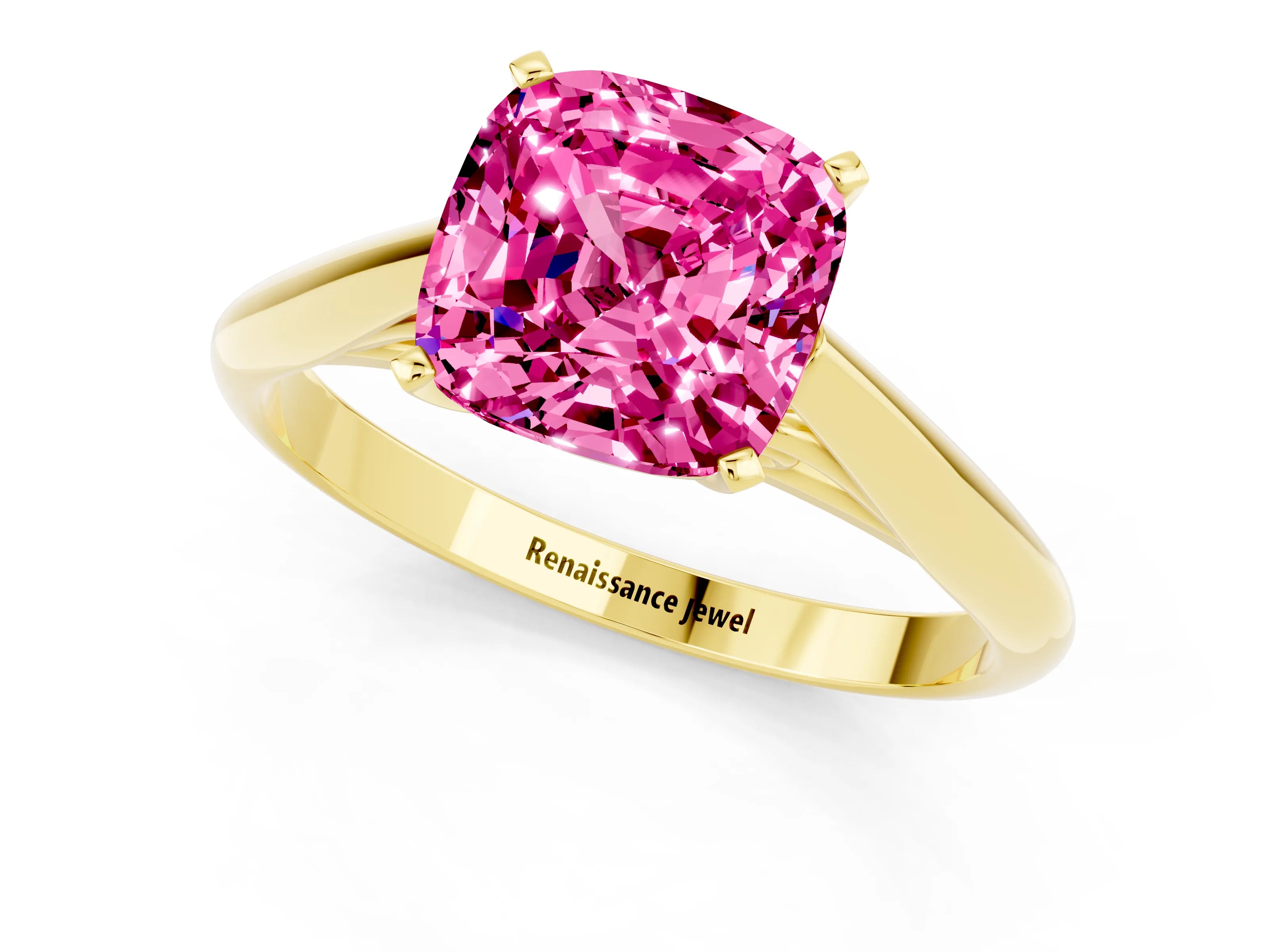 Yellow gold Cushion Cut Pink Sapphire Solitaire Engagement Ring with Cathedral Setting and Four-Prong Mount_13