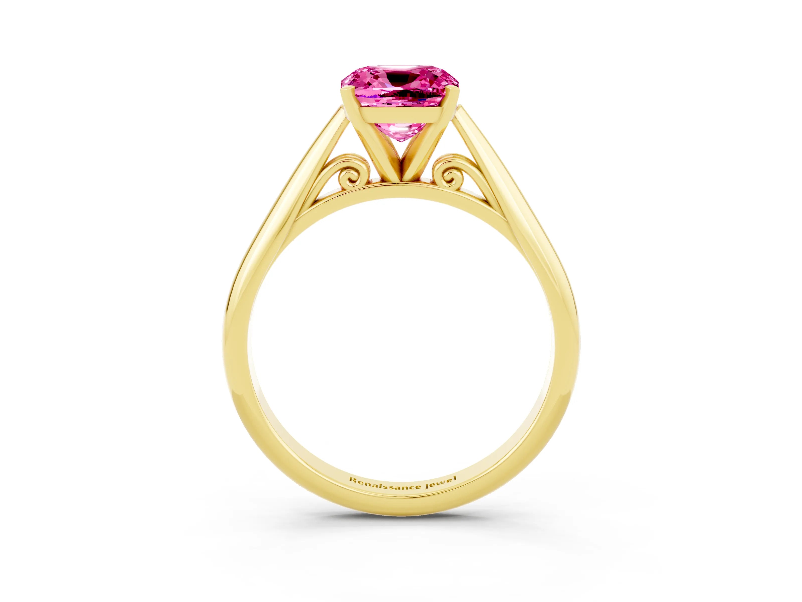 Yellow gold Cushion Cut Pink Sapphire Solitaire Engagement Ring with Cathedral Setting and Four-Prong Mount_15