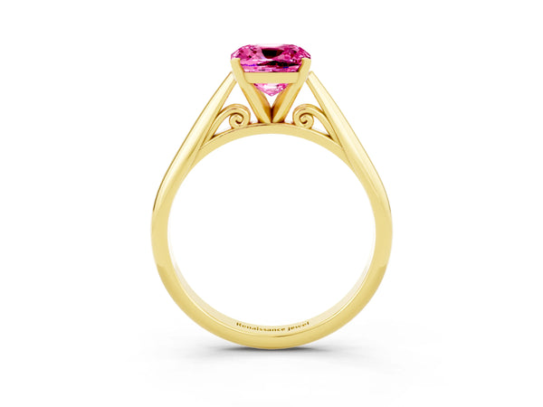Yellow gold Cushion Cut Pink Sapphire Solitaire Engagement Ring with Cathedral Setting and Four-Prong Mount