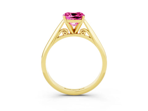 Yellow gold Cushion Cut Pink Sapphire Solitaire Engagement Ring with Cathedral Setting and Four-Prong Mount_15