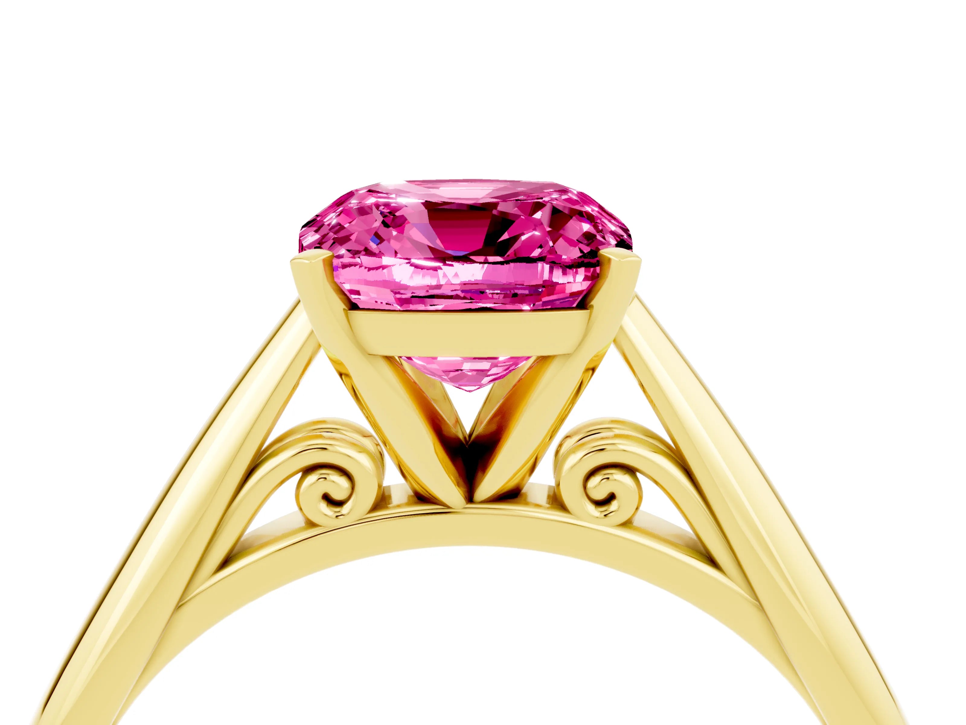 Yellow gold Cushion Cut Pink Sapphire Solitaire Engagement Ring with Cathedral Setting and Four-Prong Mount_16