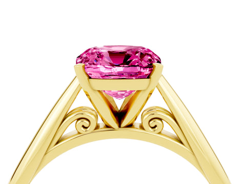 Yellow gold Cushion Cut Pink Sapphire Solitaire Engagement Ring with Cathedral Setting and Four-Prong Mount_16