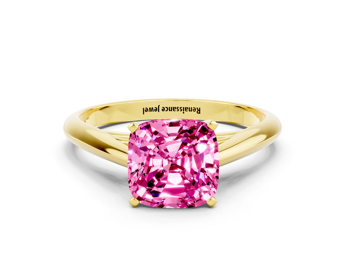 Yellow gold Cushion Cut Pink Sapphire Solitaire Engagement Ring with Cathedral Setting and Four-Prong Mount_30