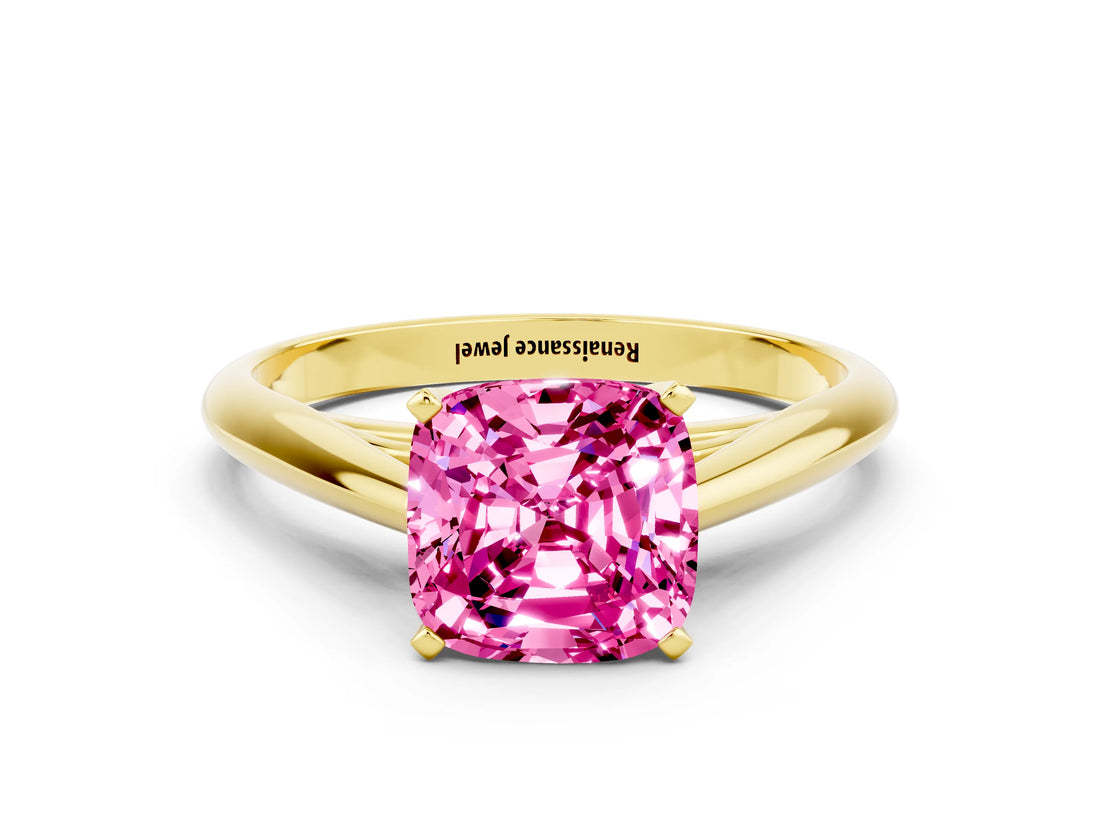 Yellow gold Cushion Cut Pink Sapphire Solitaire Engagement Ring with Cathedral Setting and Four-Prong Mount_66
