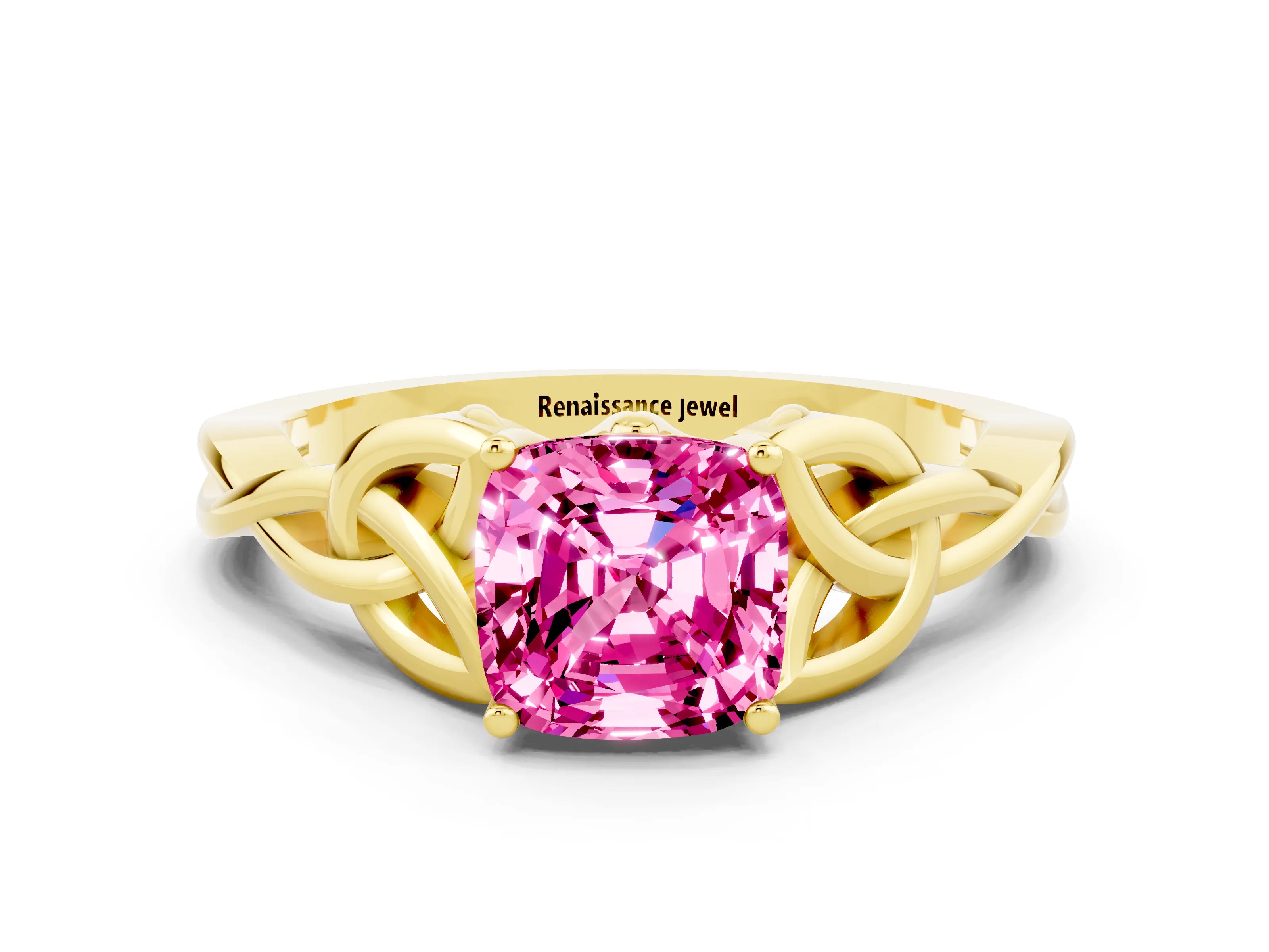 Yellow gold Cushion Cut Pink Sapphire Solitaire Engagement Ring with Celtic Knot Band and Four-Prong Setting_24