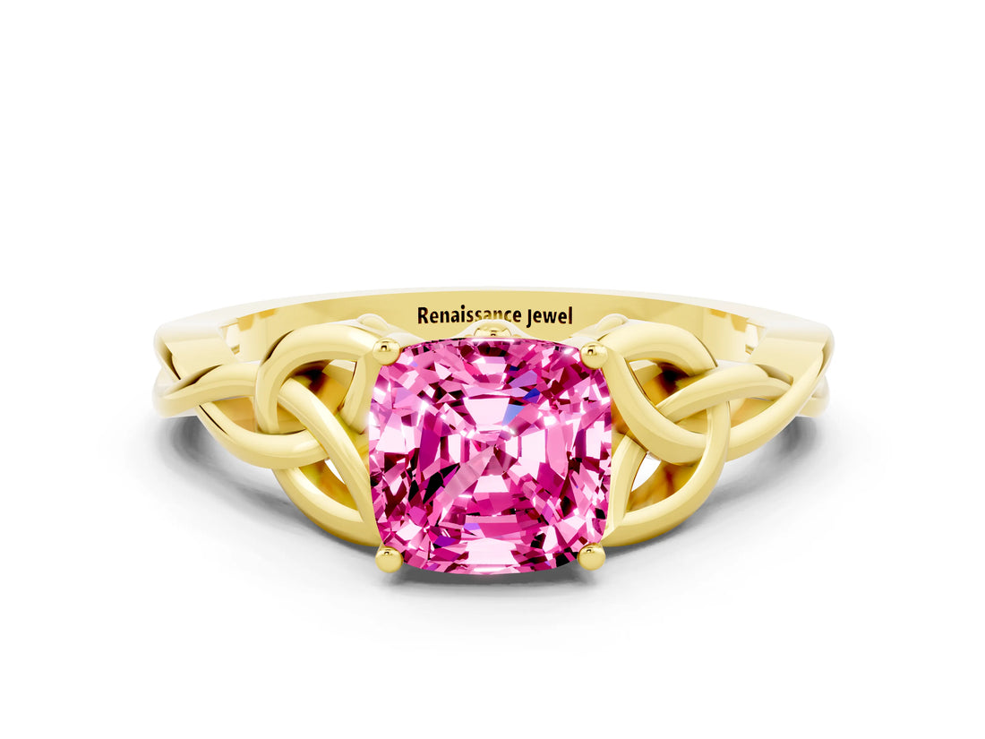 Yellow gold Cushion Cut Pink Sapphire Solitaire Engagement Ring with Celtic Knot Band and Four-Prong Setting_24