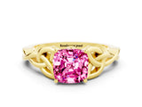 Yellow gold Cushion Cut Pink Sapphire Solitaire Engagement Ring with Celtic Knot Band and Four-Prong Setting_24