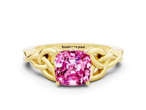 Yellow gold Cushion Cut Pink Sapphire Solitaire Engagement Ring with Celtic Knot Band and Four-Prong Setting_24