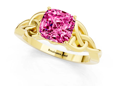 Yellow gold Cushion Cut Pink Sapphire Solitaire Engagement Ring with Celtic Knot Band and Four-Prong Setting_25