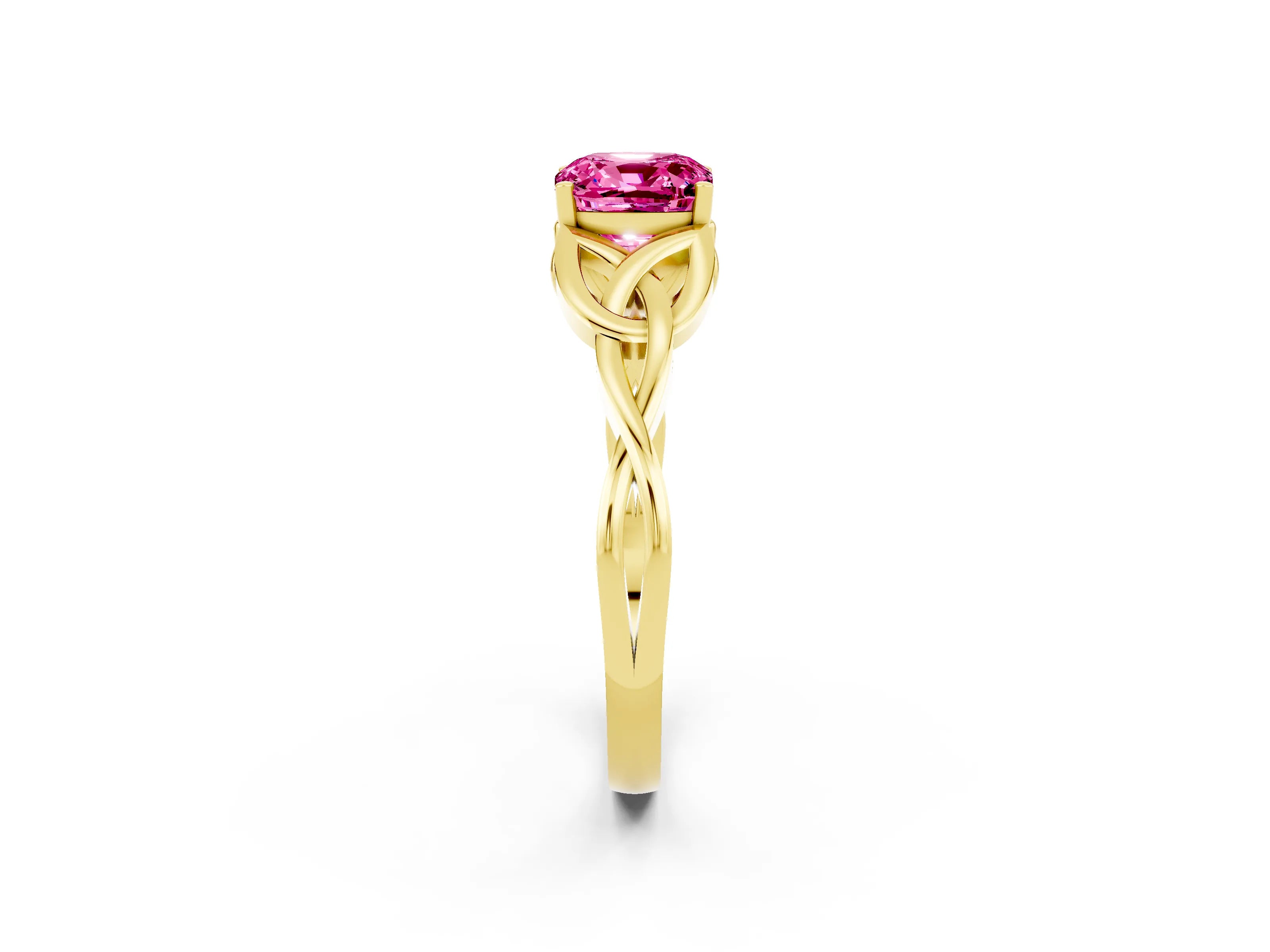 Yellow gold Cushion Cut Pink Sapphire Solitaire Engagement Ring with Celtic Knot Band and Four-Prong Setting_26