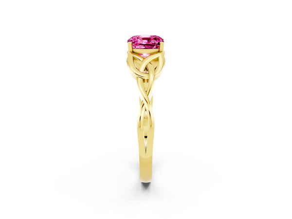 Yellow gold Cushion Cut Pink Sapphire Solitaire Engagement Ring with Celtic Knot Band and Four-Prong Setting