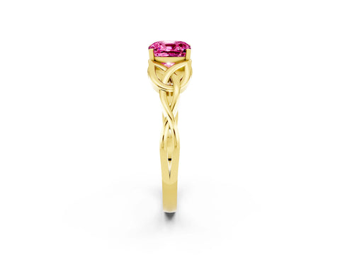 Yellow gold Cushion Cut Pink Sapphire Solitaire Engagement Ring with Celtic Knot Band and Four-Prong Setting_26