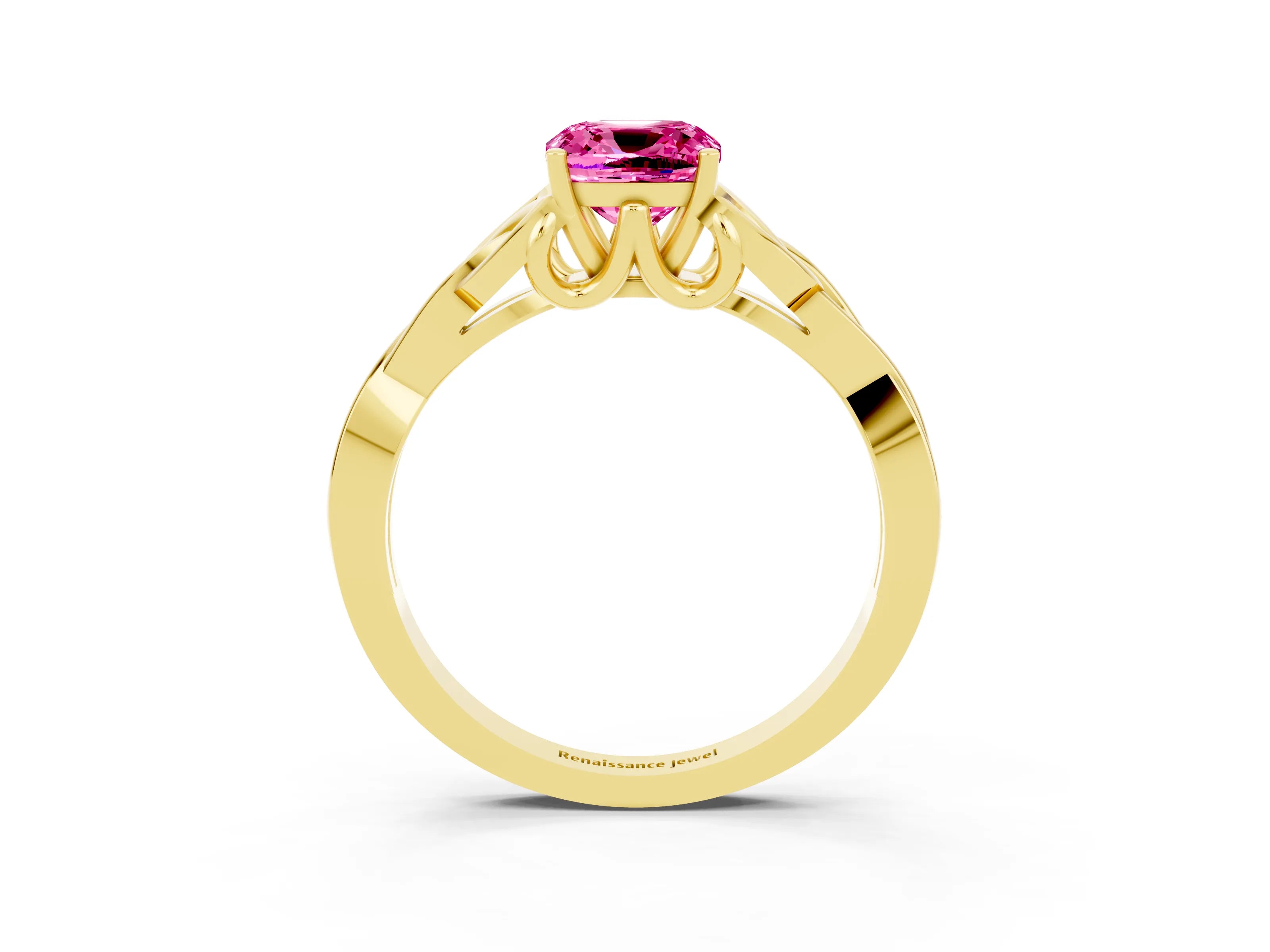 Yellow gold Cushion Cut Pink Sapphire Solitaire Engagement Ring with Celtic Knot Band and Four-Prong Setting_27