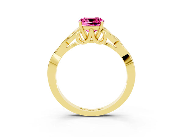 Yellow gold Cushion Cut Pink Sapphire Solitaire Engagement Ring with Celtic Knot Band and Four-Prong Setting
