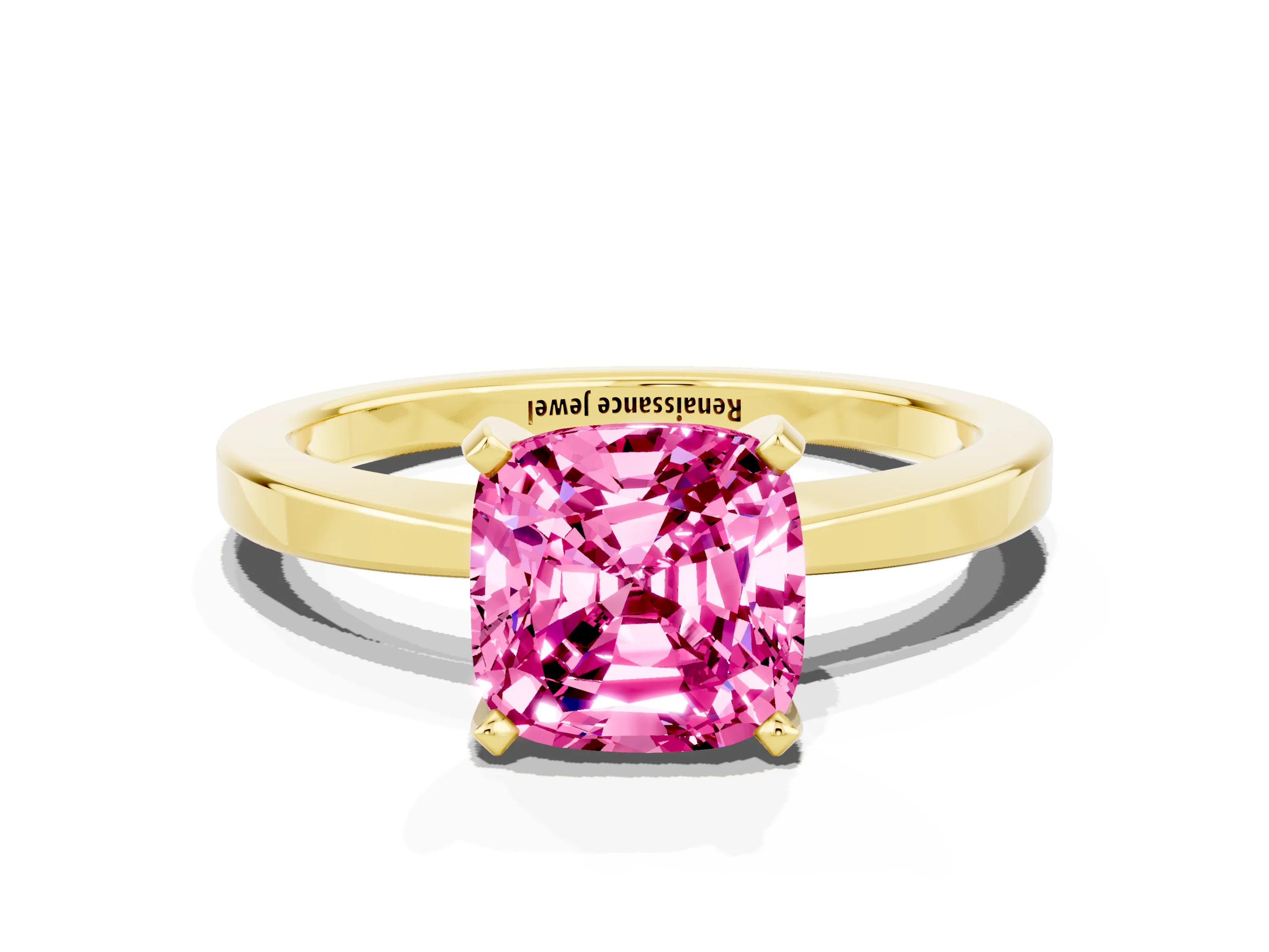 Yellow gold Cushion Cut Pink Sapphire Solitaire Engagement Ring with Classic Band and Four-Prong Setting_12