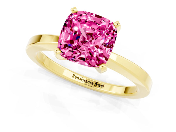 Yellow gold Cushion Cut Pink Sapphire Solitaire Engagement Ring with Classic Band and Four-Prong Setting