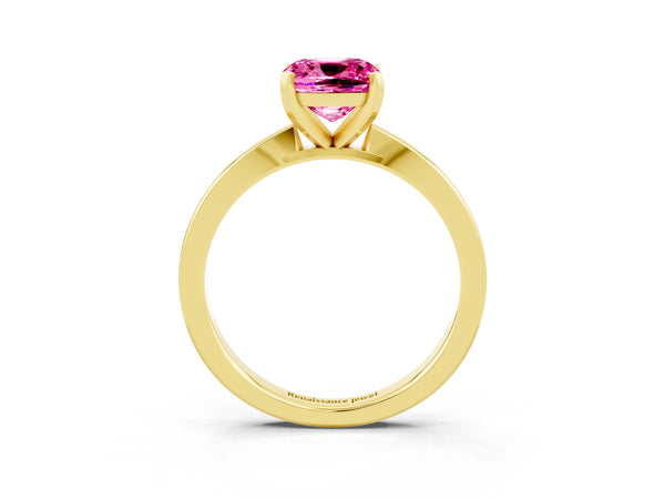 Yellow gold Cushion Cut Pink Sapphire Solitaire Engagement Ring with Classic Band and Four-Prong Setting
