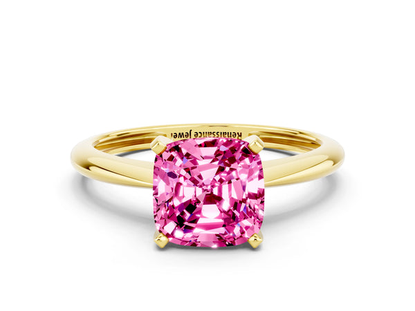 Yellow gold Cushion Cut Pink Sapphire Solitaire Engagement Ring with Classic Band and Four-Prong Setting