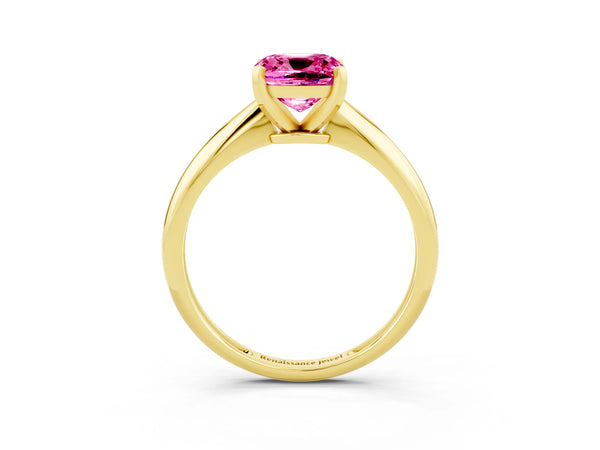 Yellow gold Cushion Cut Pink Sapphire Solitaire Engagement Ring with Classic Band and Four-Prong Setting