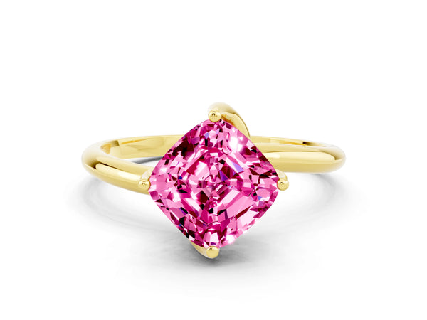 Yellow gold Cushion Cut Pink Sapphire Solitaire Engagement Ring with Four-Prong Setting and Classic Band