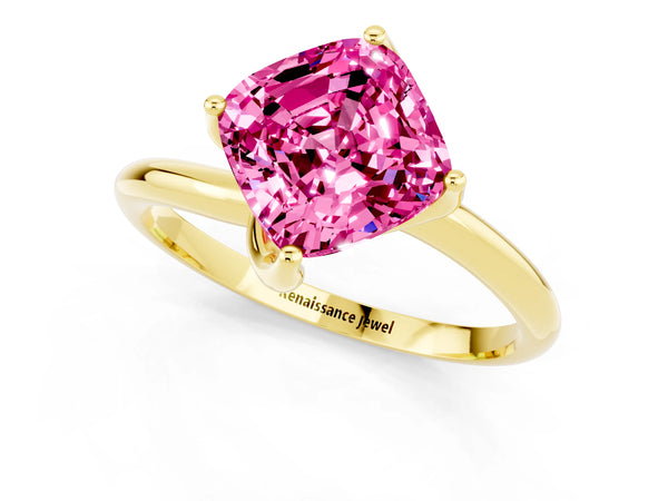 Yellow gold Cushion Cut Pink Sapphire Solitaire Engagement Ring with Four-Prong Setting and Classic Band