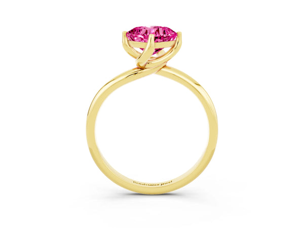 Yellow gold Cushion Cut Pink Sapphire Solitaire Engagement Ring with Four-Prong Setting and Classic Band