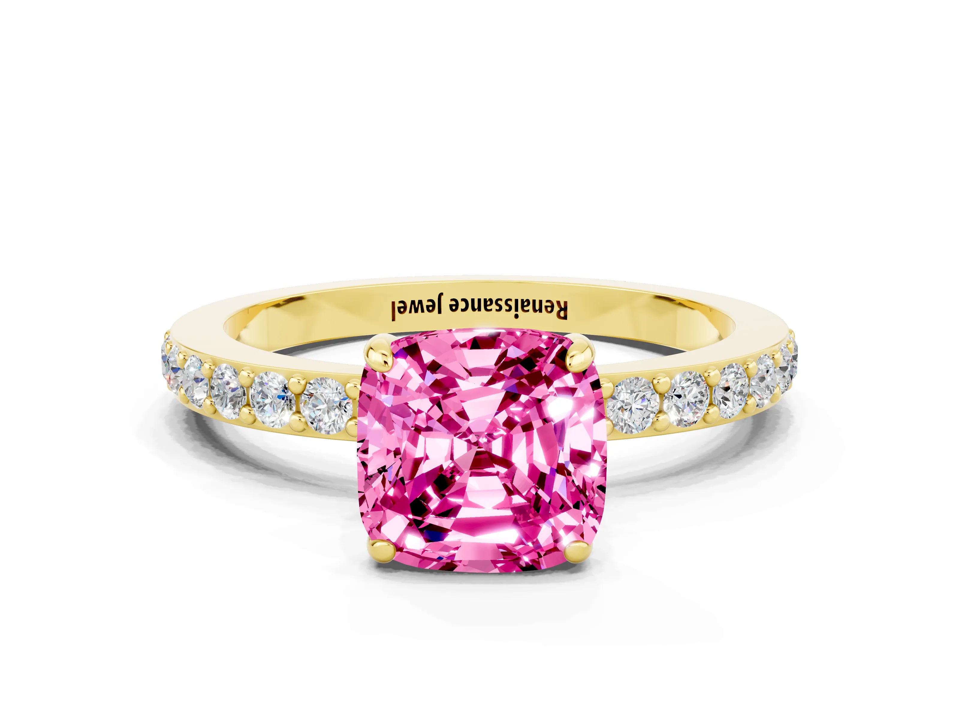 Yellow gold Cushion Cut Pink Sapphire Solitaire Engagement Ring with Pavé Band and Four-Prong Setting_24
