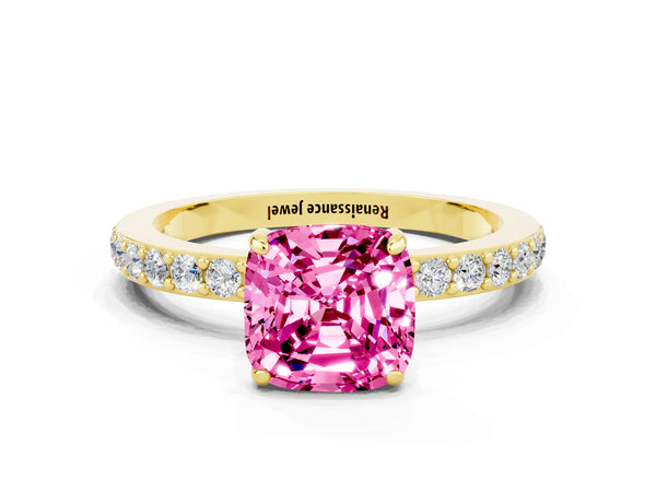Yellow gold Cushion Cut Pink Sapphire Solitaire Engagement Ring with Pavé Band and Four-Prong Setting