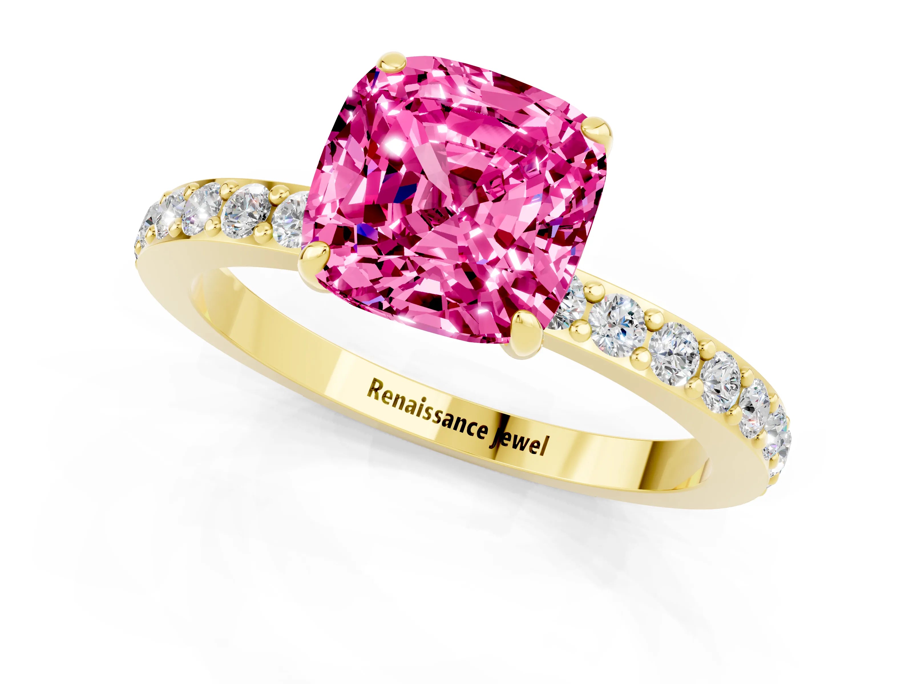 Yellow gold Cushion Cut Pink Sapphire Solitaire Engagement Ring with Pavé Band and Four-Prong Setting_25