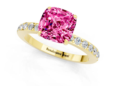 Yellow gold Cushion Cut Pink Sapphire Solitaire Engagement Ring with Pavé Band and Four-Prong Setting_25