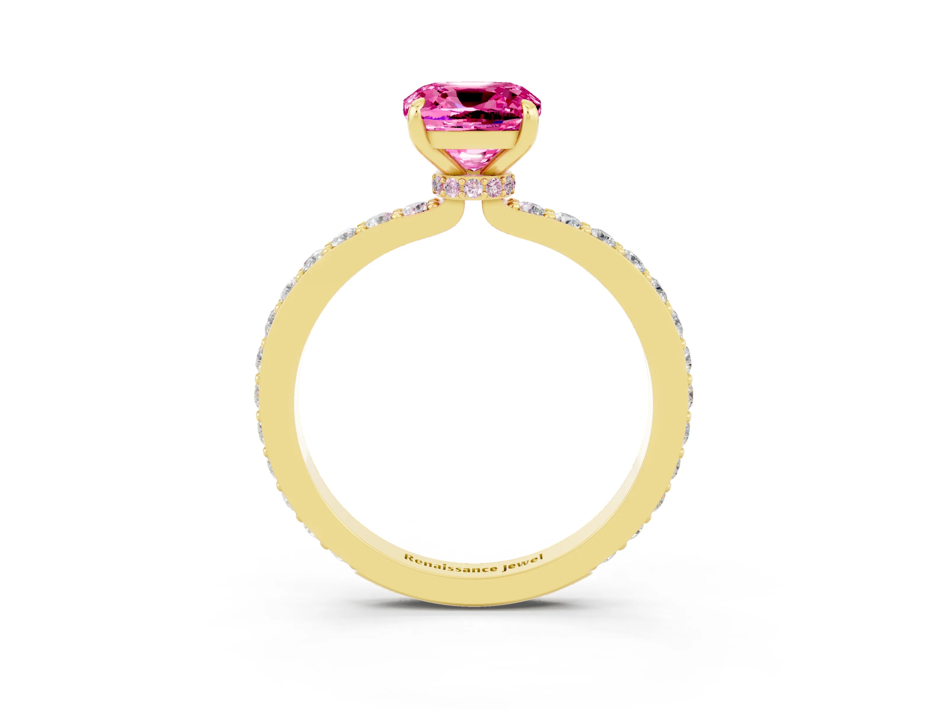 Yellow gold Cushion Cut Pink Sapphire Solitaire Engagement Ring with Pavé Band and Four-Prong Setting_27