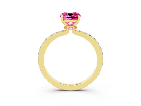 Yellow gold Cushion Cut Pink Sapphire Solitaire Engagement Ring with Pavé Band and Four-Prong Setting