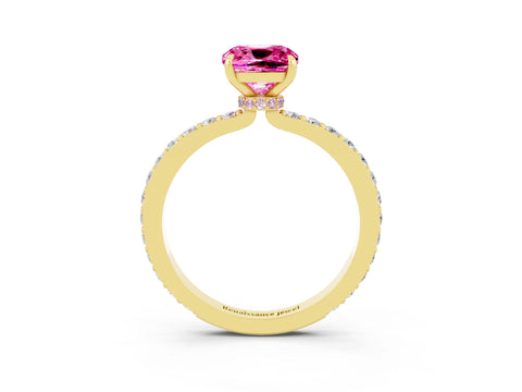 Yellow gold Cushion Cut Pink Sapphire Solitaire Engagement Ring with Pavé Band and Four-Prong Setting_27