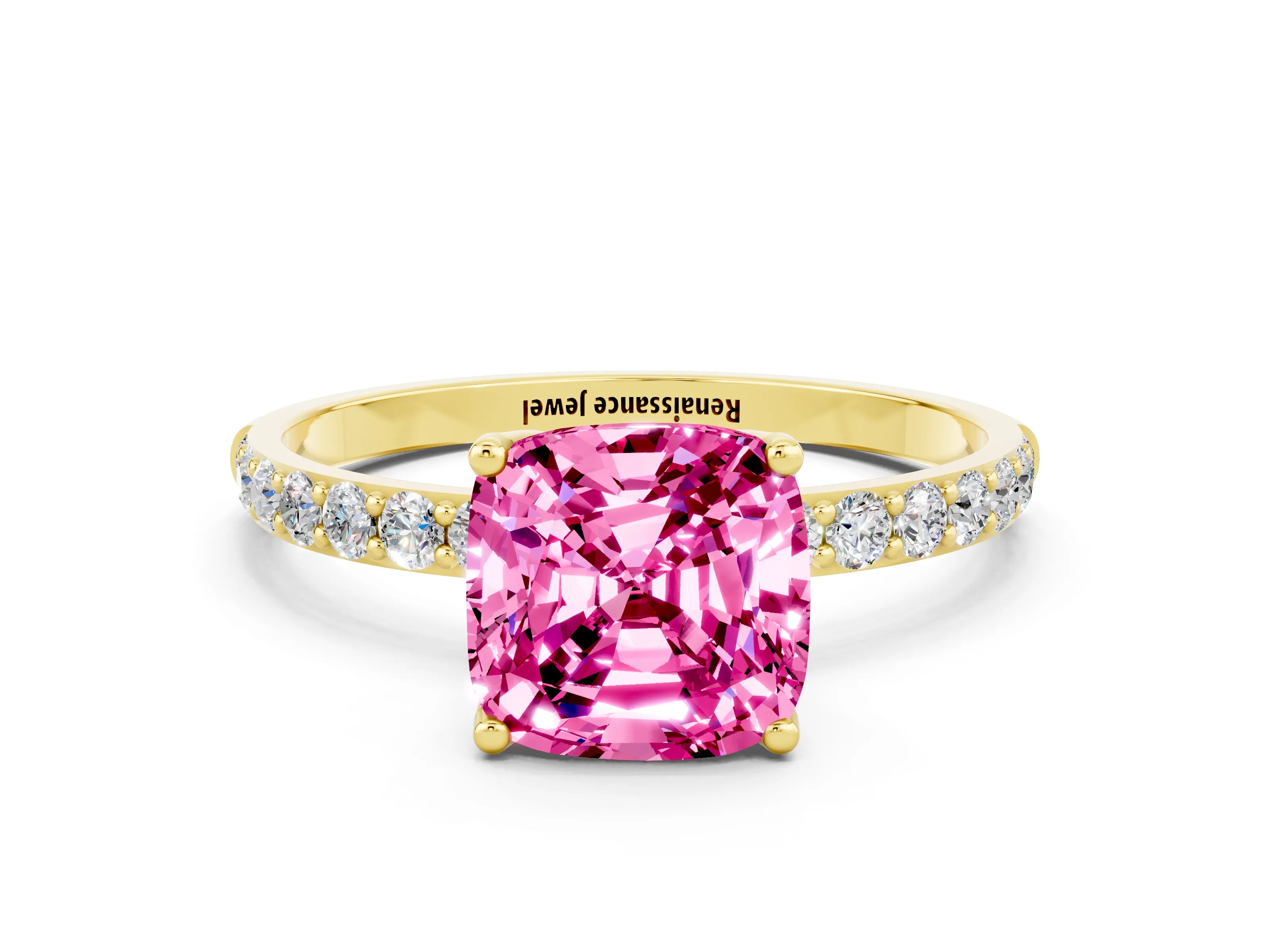 Yellow gold Cushion Cut Pink Sapphire Solitaire Engagement Ring with Pavé Band and Prong Setting