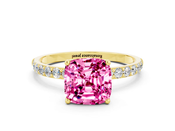Yellow gold Cushion Cut Pink Sapphire Solitaire Engagement Ring with Round  Pavé Band and Prong Setting