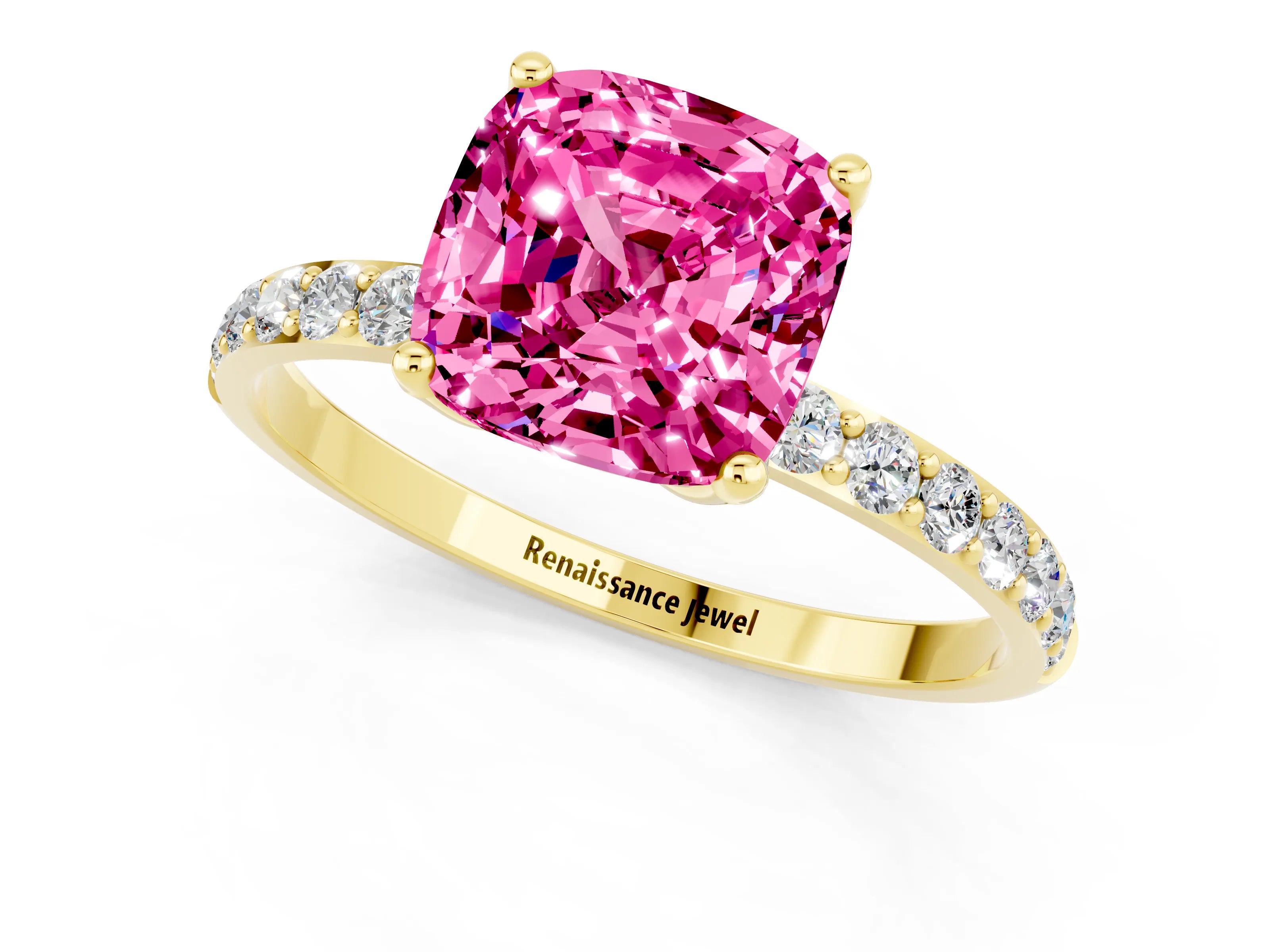 Yellow gold Cushion Cut Pink Sapphire Solitaire Engagement Ring with Pavé Band and Prong Setting_1