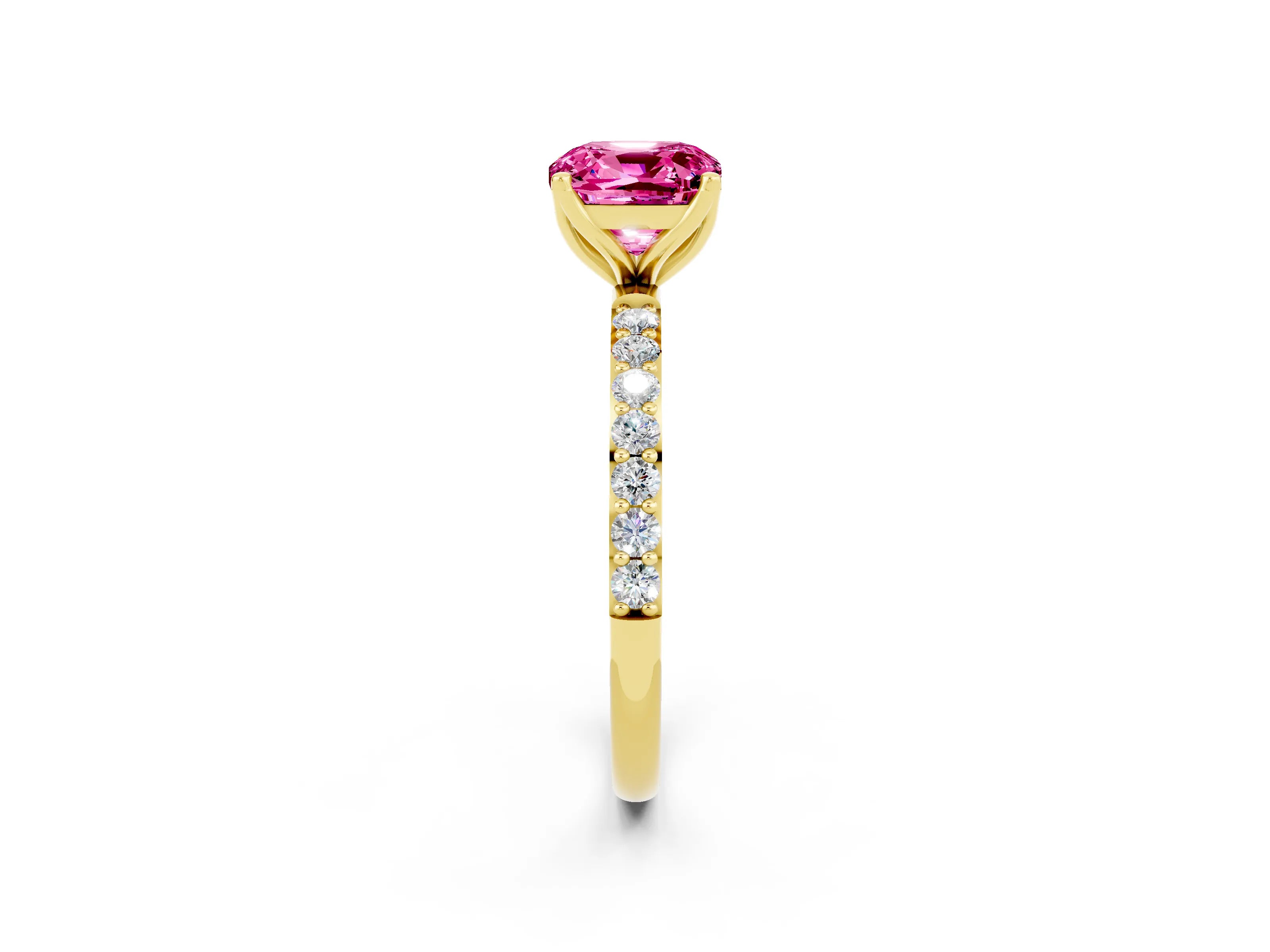 Yellow gold Cushion Cut Pink Sapphire Solitaire Engagement Ring with Pavé Band and Prong Setting_2