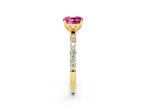 Yellow gold Cushion Cut Pink Sapphire Solitaire Engagement Ring with Pavé Band and Prong Setting_2